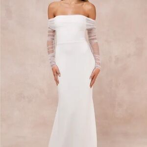 Lulu's White Off-Shoulder Sheath Bridal Dress